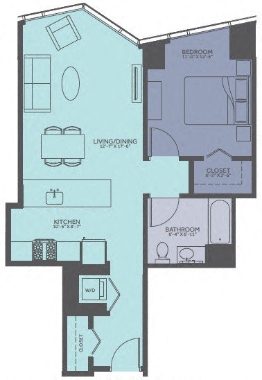 Floor plan for 1 bed, 1 bath, 765 sqft